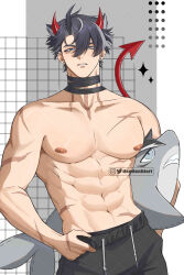  1boy abs absurdres artist_name bandaged_neck bandages black_hair black_pants blue_eyes collarbone commentary cowboy_shot dandanbiart demon_boy demon_horns demon_tail drawstring ear_piercing earrings english_commentary genshin_impact grey_background grey_hair hair_between_eyes hand_in_pocket highres holding holding_stuffed_toy horns instagram_logo jewelry looking_at_viewer male_focus multicolored_hair multiple_scars nipples pants parted_bangs parted_lips pectorals piercing red_horns red_tail scar scar_on_arm scar_on_cheek scar_on_chest scar_on_face scar_on_neck scar_on_shoulder scar_on_stomach short_hair simple_background solo standing stomach streaked_hair stud_earrings stuffed_animal stuffed_shark stuffed_toy tail topless_male twitter_logo two-tone_background white_background wriothesley_(genshin_impact) 