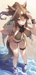  absurdres alternate_costume animal_ears arknights bare_legs bikini black_bikini black_nails breasts brown_hair commission female green_eyes highres horse_ears horse_girl horse_tail jacket jewelry kokukyukeo large_breasts long_hair meteor_(arknights) multicolored_hair navel necklace parted_lips sand smile solo swimsuit tail thigh_strap two-tone_hair water white_hair white_jacket 