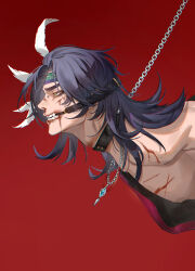  1boy absurdres black_hair blood blood_on_face calla10 chains character_request code:_kite feather_hair_ornament feathers green_eyes hair_ornament headband highres jewelry leash long_hair looking_ahead male_focus necklace nosebleed oerba_yun_fang open_mouth parted_bangs red_background restrained simple_background teeth upper_body white_feathers 