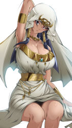  animahakim arm_up armlet black_hair breasts cleavage dress female huge_breasts isis_ishtar jewelry long_hair millennium_necklace parted_lips purple_eyes sidelocks sitting solo veil white_dress yu-gi-oh! 