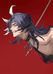  1boy absurdres black_hair calla10 chains character_request code:_kite feather_hair_ornament feathers green_eyes hair_ornament headband highres jewelry leash long_hair looking_ahead male_focus necklace oerba_yun_fang open_mouth parted_bangs red_background restrained simple_background teeth upper_body white_feathers 