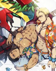  3boys abs ao_isami bara bare_pectorals black_hair blonde_hair blue_eyes bracelet bravern commentary_request dog_tags facial_hair flower_bracelet hawaiian_shirt highres jewelry large_pectorals lewis_smith lying male_focus mecha moke_(08014022247) multiple_boys muscular muscular_male navel nipples on_back open_clothes open_shirt pectorals robot shirt short_hair sideburns_stubble stubble twitter_username yaoi yuuki_bakuhatsu_bang_bravern 