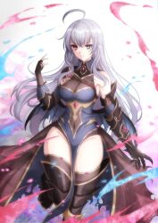  ahoge armored_gloves boots breasts cleavage closed_mouth clothing_cutout covered_navel dress english_commentary eyelashes female geega_(vtuber) geega_(vtuber)_(1st_costume) gloves grey_hair hair_between_eyes hair_ornament heterochromia jewelry long_hair looking_at_viewer medium_breasts pointy_ears prime_(primeb237528) red_eyes see-through_cleavage see-through_clothes simple_background sleeveless smile solo stomach_cutout thighhighs thighhighs_under_boots thighs virtual_youtuber vshojo white_background 