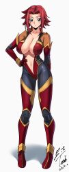  absurdres arm_behind_back ass_visible_through_thighs blue_eyes bodysuit breasts cleavage code_geass code_geass:_lost_stories commentary_request dated female full_body hair_intakes hand_on_own_hip highres kouzuki_kallen large_breasts looking_at_viewer mecha_pilot_suit multicolored_bodysuit multicolored_clothes navel open_bodysuit open_clothes parted_lips red_hair shadow short_hair sidelocks signature simple_background skin_tight solo standing teeth white_background yoo_tenchi 