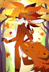  ambiguous_gender anthro antlers aseethe autumn autumn_leaves big_ears canid canine canis chest_tuft ears_flat fluffy fluffy_tail fox hi_res horn hybrid looking_at_viewer looking_back mammal plant purple_eyes raised_leg smile solo standing tail tree tuft 