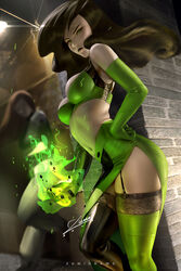  2girls artist_name black_hair blurry_background breasts cleavage clothed clothed_female clothes clothing color colored dark_hair detailed_background disney female female_only garter_belt green_eyes human human_only kim_possible kimberly_ann_possible long_hair looking_at_viewer multiple_females multiple_girls pinup shego solo_focus thighhighs uncensored zumi 