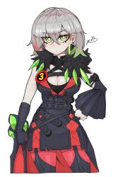  black_dress breasts bright_pupils cleavage cowboy_shot diabellstar_the_black_witch dillo_(smootharmadillo) dress duel_monster earrings female garter_straps green_eyes green_hair grey_hair hand_on_own_hip highres jewelry large_breasts low_wings multicolored_hair pantyhose red_hair red_pantyhose short_hair simple_background single_wing solo white_background white_pupils wings yu-gi-oh! 