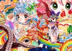  3girls abstract black_hair blue_hair bow breasts cake cleavage colorful crab dress e_rhn001 flower food green_bow green_eyes hairbow heart highres holding holding_wand long_hair looking_at_viewer magical_girl medium_request multiple_girls original pink_hair pointy_ears purple_dress rainbow standing star_(symbol) strawberry_cake surreal tentacle very_long_hair wand 