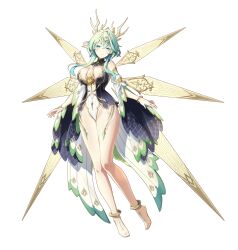  absurdres anklet bare_legs bare_shoulders barefoot black_leotard breasts cleavage detached_sleeves detached_wings double-parted_bangs elf eversoul female floating full_body game_cg gem gold_headdress green_eyes green_hair highleg highleg_leotard highres jewelry large_breasts leotard light_blush multiple_wings official_art parted_lips pointy_ears short_hair short_sleeves solo tachi-e transparent_background two-tone_leotard waist_cape wheri_(eversoul) white_leotard wings 