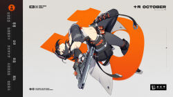  ahoge bare_shoulders black_gloves black_hair black_pants breasts choker crop_top female gloves goggles goggles_on_head grace_howard grey_background hair_between_eyes highres large_breasts leggings looking_at_viewer midriff navel official_art orange_eyes pants sports_bra stomach zenless_zone_zero 