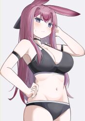  absurdres animal_ears arknights arm_strap black_bra black_choker black_panties blush bra breasts bright_pupils choker cleavage closed_mouth cowboy_shot female grey_background groin hand_on_own_ear hand_on_own_hip hand_up highres large_breasts long_hair looking_at_viewer multicolored_hair navel panties pink_hair purple_eyes purple_hair ray_(arknights) simple_background skindentation solo spam_(spamham4506) standing streaked_hair sweatdrop underwear underwear_only white_pupils 