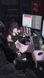  bags_under_eyes barefoot black_hair black_sports_bra brand_name_imitation breasts caloriemate chair closed_mouth computer_keyboard computer_mouse discord dolphin_shorts electronic_cigarette energy_drink expressionless female fingernails flandre_scarlet full_body grey_eyes highres indoors long_hair looking_at_viewer medium_breasts messy_room microphone midriff monitor monster_energy mousepad_(object) navel original pink_shorts poster_(object) purple_nails saburoumaru_kokichi shorts soda_bottle solo sports_bra touhou trash_bag twintails wireless_mouse 