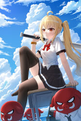  absurdres ahoge alternate_costume baseball_bat black_skirt black_thighhighs blonde_hair blue_sky bow bowtie cloud commentary_request day desk female highres holding holding_baseball_bat knee_up long_hair luciana_de_montefio miniskirt no_shoes pleated_skirt red_bow red_bowtie red_eyes school_desk shirt short_sleeves side_ponytail sidelocks sitting skirt sky skym_(kumei) thighhighs very_long_hair white_shirt zenless_zone_zero 