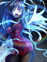  absurdres aozaki_aoko black_sweater blue_eyes breasts brown_hair brown_pantyhose commentary dirty dirty_clothes dirty_face dress ebora electricity female glowing highres long_hair magic_circle mahou_tsukai_no_yoru open_mouth outstretched_arm pantyhose red_dress sweater 