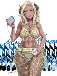  :d animal_ears artist_name bag bare_shoulders bikini blonde_hair breasts cleavage collarbone dark-skinned_female dark_skin digital_media_player earphones female glasses green_bag green_bikini green_nails gyaru highleg highleg_bikini highres holding_cd holding_digital_media_player horns jewelry kogal long_hair looking_at_viewer medium_breasts minidisc minidisc_player nail_polish navel necklace nekoguchi open_mouth orange_eyes original piercing pink-framed_eyewear sheep_ears sheep_girl sheep_horns shoulder_bag signature smile solo swimsuit tongue_piercing white_background yellow_bikini 