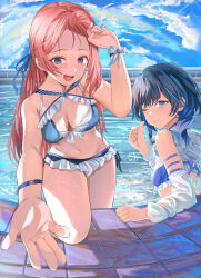  2girls :d absurdres arm_up bare_shoulders bikini black_hair blue_bikini blue_eyes blue_hair blue_sky breasts cleavage cloud cloudy_sky commentary_request day detached_sleeves forehead frilled_bikini frills hair_between_eyes highres long_hair long_sleeves medium_breasts mosta_(lo1777789) multicolored_hair multiple_girls navel original outdoors outstretched_arm parted_bangs pool puffy_long_sleeves puffy_sleeves railing rainbow red_hair sky smile streaked_hair swimsuit thumbs_up two-tone_hair very_long_hair water white_sleeves 