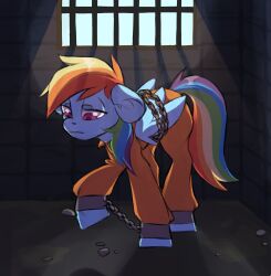  equid equine female feral friendship_is_magic hasbro hi_res horse light looking_down mammal my_little_pony mythological_creature mythological_equine mythology pegasus pink_eyes pony prison prison_bars prison_cell prison_uniform prisoner rainbow_dash_(mlp) rock sad solo sunlight twi_sfw wings 