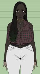  arms_at_sides bad_id bad_twitter_id black_eyes black_hair breasts cleavage collared_shirt commentary_request cornrows cowboy_shot cropped_shirt dark-skinned_female dark_skin dress_shirt earrings female green_background green_hair hair_over_breasts hair_over_one_breast height_mark high-waist_pants highres hoop_earrings huge_breasts jewelry kuzukago_(bitchmaker) long_hair looking_at_viewer multicolored_hair multiple_rings navel_piercing necklace original pants piercing ring shirt sleeveless sleeveless_shirt solo standing straight-on two-tone_hair very_dark_skin white_pants 