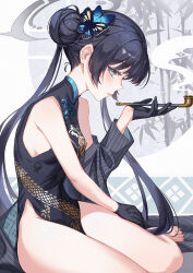  bare_shoulders barefoot black_dress black_gloves black_hair blue_archive breasts butterfly_hair_ornament china_dress chinese_clothes chinnpou coat commentary_request dragon_print dress female gloves grey_coat grey_eyes grey_halo hair_ornament halo kisaki_(blue_archive) long_hair no_panties open_clothes open_coat sitting small_breasts smoke smoking_pipe solo striped_coat thighs twintails vertical-striped_coat wariza 