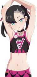  absurdres armpits arms_up asymmetrical_bangs black_hair black_shirt blue_eyes breasts camui1104 collar female highres marnie_(pokemon) midriff multicolored_shirt navel pink_shirt pink_shorts pokemon pokemon_swsh shirt shorts simple_background small_breasts solo stomach white_background 