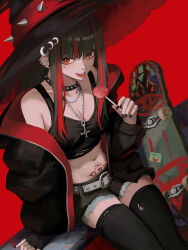  bare_shoulders belt black_choker black_hair black_hat black_jacket black_nails black_shirt black_shorts black_thighhighs breasts candy choker cleavage collarbone commentary crop_top cross cross_necklace english_commentary female food hat highres holding holding_candy holding_food holding_lollipop inverted_cross_necklace jacket jewelry large_hat lollipop long_hair long_sidelocks looking_at_viewer medium_breasts mole mole_on_breast multicolored_hair nail_polish navel navel_piercing necklace nose_piercing off_shoulder orange_eyes original piercing pubic_tattoo red_background red_hair shirt shorts sitting skateboard solo spiked_choker spikes streaked_hair tattoo thighhighs thighs tongue tongue_out tongue_piercing torn_clothes torn_thighhighs white_belt witch_hat yan_kodiac zettai_ryouiki 