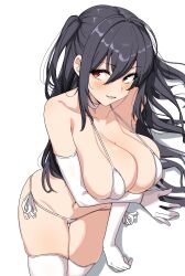  absurdres azur_lane bare_shoulders bikini black_hair blush breasts choker cleavage elbow_gloves female gloves highres large_breasts long_hair looking_at_viewer red_eyes seihekiog solo swimsuit taihou_(azur_lane) thighhighs thighs white_bikini white_gloves white_thighhighs 