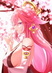  :d animal_ears arm_under_breasts bare_shoulders blurry blurry_background breasts commentary earrings falling_petals female fox_ears fox_girl fox_shadow_puppet from_side gem genshin_impact hair_between_eyes hand_up highres jewelry large_breasts long_hair looking_at_viewer looking_to_the_side petals pink_hair purple_eyes purple_gemstone sideboob smile solo twitter_username upper_body very_long_hair watatai yae_miko 