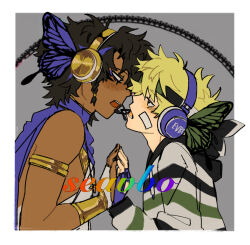  2boys animification black_hair blonde_hair border butterfly_wings commentary couple dark-skinned_male dark_skin derivative_work english_commentary evbo headband headphones highres hood hood_down hoodie imminent_kiss insect_wings kurocrow magnet_(vocaloid) minecraft_youtube multiple_boys parkour_civilization seawattgaming short_hair striped_clothes striped_hoodie upper_body white_border wings yaoi 