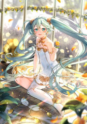  :d ahoge aqua_hair blush boots cage dress female flower full_body gold_choker gold_ribbon gramophone_miku green_eyes hair_between_eyes hatsune_miku headphones holding holding_flower kyashii_(a3yu9mi) looking_at_viewer miku_symphony_(vocaloid) orange_flower petals phonograph shoes single_thigh_boot smile solo thigh_boots tongue unworn_headphones unworn_ribbon vocaloid white_dress white_footwear 