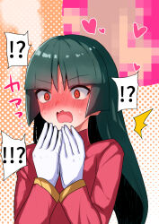  !? black_hair blunt_bangs blush censored cropped_jacket female gloves hands_up highres hime_cut jacket long_hair long_sleeves nanagi_(pixiv12776910) own_hands_together pokemon pokemon_frlg red_eyes red_jacket sabrina_(pokemon) solo steam sweatdrop translation_request turtleneck turtleneck_jacket upper_body v-shaped_eyebrows white_gloves 