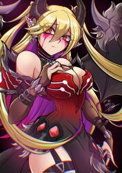  bare_shoulders black_bridal_gauntlets black_horns black_wings blonde_hair breasts bridal_gauntlets cleavage cowboy_shot demon_girl demon_wings dress duel_monster ear_piercing earrings female garter_straps heart heart_earrings highres horns jewelry krausarts lacrima_the_scarlet_sorrow large_breasts long_hair multicolored_hair piercing pointy_ears purple_hair red_dress red_eyes solo two-tone_hair two_side_up wings yu-gi-oh! 