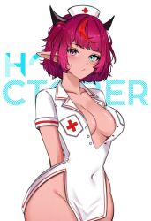  blue_eyes blush breasts cleavage covered_navel cowboy_shot demon_horns female hat heterochromia highres hololive hololive_english horns irys_(hololive) large_breasts looking_at_viewer multicolored_hair no_panties nurse nurse_cap pointy_ears purple_eyes purple_hair rainenleaf red_hair short_hair simple_background solo thick_thighs thighs virtual_youtuber wide_hips 