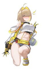  :d absurdres ahoge bandaid bandaid_on_knee bandaid_on_leg black_gloves black_sports_bra blonde_hair blush boomstick_(nikke) breasts che_(komulkomul48) clothing_cutout commentary crop_top crop_top_overhang cropped_sweater elegg_(nikke) eyebrows_hidden_by_hair eyelashes female full_body gloves goddess_of_victory:_nikke grey_footwear grey_shorts hair_intakes hair_over_eyes highres large_breasts lightning_bolt_symbol long_bangs looking_at_viewer micro_shorts midriff multicolored_clothes multicolored_footwear multicolored_gloves multicolored_hair navel on_one_knee parted_lips plump pouch short_hair shorts shoulder_cutout simple_background smile solo sports_bra suspender_shorts suspenders turtleneck two-sided_gloves v waist_bag white_background yellow_eyes yellow_gloves 