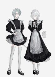  2boys alternate_costume apron aqua_hair bai_ling_(touqi_guaitan) black_dress black_footwear chinese_commentary chinese_text closed_mouth commentary_request crossdressing dress enmaided grey_eyes hair_between_eyes hand_on_own_hip highres juliet_sleeves liu_qingcheng long_dress long_sleeves maid maid_headdress male_focus male_maid mary_janes multiple_boys otoko_no_ko own_hands_together parted_lips puffy_sleeves qilin08672 shoes short_dress short_hair simple_background socks speech_bubble thighhighs touqi_guaitan translation_request white_apron white_background white_hair white_socks white_thighhighs yellow_eyes 