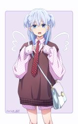  blue_eyes blue_hair brown_sweater_vest collared_shirt commentary_request dated female hair_between_eyes highres long_hair long_sleeves looking_at_viewer necktie nii_manabu open_mouth original pink_shirt red_necktie shirt signature smile solo standing sweater_vest thighs two_side_up white_bag 