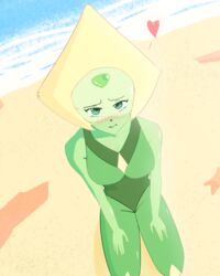  breasts camel_toe cute ocean on_knees peridot_(steven_universe) perspective sand shiny_skin shy skin_tight snowwwy_(artist) steven_universe thick_thighs thighs 