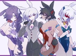  4girls 580aoi animal_ears animification ass black_leotard bow bowtie braid breasts decepticon detached_collar fishnet_pantyhose fishnets flat_chest genderswap_(mtf) hair_over_one_eye highleg highleg_leotard highres humanization large_breasts leotard long_hair looking_at_viewer mask megatron multiple_girls pantyhose playboy_bunny rabbit_ears rabbit_tail red_eyes rule_63 shockwave_(transformers) short_hair simple_background smile soundwave_(transformers) starscream strapless strapless_leotard tail tattoo traditional_bowtie transformers wrist_cuffs 