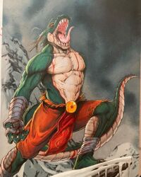  abs action_pose anthro anthrofied bandage black_claws blood blood_on_chest blood_on_face blood_on_hand blood_on_leg blood_on_tail bodily_fluids bottomwear charleshenrileccia claws cliff clothing dark_clouds detailed_background dragon dragon_ball dragon_ball_(object) eastern_dragon green_body green_scales hi_res horn ice icicle long_tail male mountain multicolored_body multicolored_scales muscular muscular_anthro muscular_male mythological_creature mythological_scalie mythology open_mouth orange_bottomwear orange_clothing orange_eyes photography_(artwork) pose raised_head roaring scales scalie sharp_teeth shenron shenron.inc snow solo standing_on_rocks standing_on_snow tail teeth thick_tongue tongue torn_bottomwear torn_clothing traditional_media_(artwork) two_tone_body two_tone_scales vein veiny_muscles whiskers white_claws 