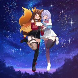  2girls animal_ears blush breasts brown_hair character_request cleavage collar curvy fiery_ears fingerless_gloves gloves grey_hair harness heart heart_hands heart_hands_duo highres indie_virtual_youtuber large_breasts long_hair looking_at_viewer multicolored_hair multiple_girls one_eye_closed orange_eyes orange_fire sinder_(vtuber) sinder_(vtuber)_(3rd_costume) skirt sky_above_me smile spiked_collar spikes tail thighhighs third-party_source virtual_youtuber wolf_ears wolf_girl wolf_tail yellow_eyes 