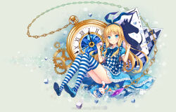  alice_(alice_in_wonderland) alice_in_wonderland blonde_hair blue_eyes blush bow bow_hairband bowtie card chains character_name commentary cube cup dress female frilled_dress frills full_body gears green_background hairband holding holding_cup long_hair looking_at_viewer miu_(pixiv4149478) original playing_card pocket_watch rabbit short_sleeves solo striped_clothes striped_thighhighs teacup thighhighs very_long_hair watch 