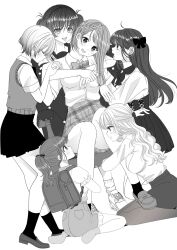  6+girls backpack bag blush bow bowtie braid breasts closed_eyes closed_mouth collared_shirt commentary_request dress ear_piercing greyscale harem highres holding_hands hug hug_from_behind hugging_another&#039;s_leg large_breasts loafers long_hair long_sleeves looking_at_another monochrome multiple_girls open_mouth original pantyhose pencil_skirt piercing plaid_bow plaid_bowtie plaid_clothes plaid_skirt pleated_skirt randoseru school_uniform shirt shoes short_hair short_sleeves shorts side_braid sinogi_asa sitting skirt sneakers socks sweatdrop tongue tongue_out twintails yuri 