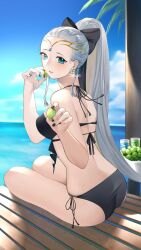  ass beach beach_house bikini black_bikini black_nails blue_eyes bow breasts commentary_request drink earrings eir_(fire_emblem) eir_(summer)_(fire_emblem) female fire_emblem fire_emblem_heroes flower_earrings food fruit gold_tiara grapes hairbow highres holding holding_food holding_fruit ikura_(downdexp) jewelry long_hair medium_breasts nail_polish official_alternate_costume ponytail sidelocks solo swimsuit tiara water white_hair 