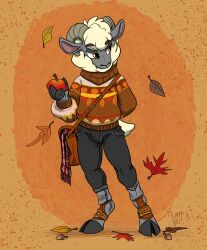  absurd_res acorn anthro apple autumn bovid caprine clothing food footwear fruit fur furgonomic_footwear furgonomics hand_behind_back hi_res holding_food holding_object hoof_hands hooves horn leaf llamaboy male mammal nut_(fruit) plant satchel scarf sheep signature simple_background solo white_body white_fur wool_(fur) 