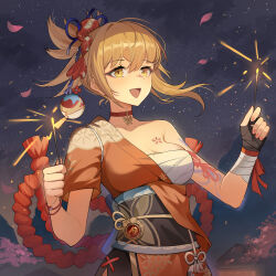  absurdres arm_tattoo bandages blonde_hair blush breasts chest_tattoo chi-aaa choker female genshin_impact gloves hair_between_eyes hair_ornament highres holding holding_fireworks japanese_clothes kimono long_hair looking_at_viewer open_mouth orange_kimono ponytail red_choker sarashi smile solo tattoo yellow_eyes yoimiya_(genshin_impact) 