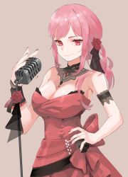  armband azisugito breasts cleavage commentary detached_collar dress english_commentary female flower hair_flower hair_ornament hand_on_own_hip highres hololive hololive_english large_breasts microphone microphone_stand mori_calliope mori_calliope_(party_dress) pink_eyes pink_hair red_flower red_rose rose single_wrist_cuff smile solo strapless strapless_dress upper_body virtual_youtuber wrist_cuffs 