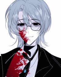  1boy absurdres bags_under_eyes black_eyes black_jacket black_necktie blood blood_on_clothes blood_on_face blue_hair chinese_commentary collared_shirt colored_skin commentary_request grey_shirt grin hair_between_eyes highres jacket jewelry jisuan_liang_zhisi liu_qingcheng looking_at_viewer male_focus mole mole_under_eye necklace necktie open_clothes open_jacket portrait shirt short_hair simple_background smile solo touqi_guaitan turtleneck variant_set white_background white_skin 