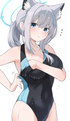  animal_ear_fluff animal_ears black_one-piece_swimsuit blue_archive blue_eyes blue_halo blush breasts commentary_request cross cross_hair_ornament enipa_28 female grey_hair hair_between_eyes hair_ornament halo hand_under_clothes highres inverted_cross looking_at_viewer medium_breasts mismatched_pupils official_alternate_costume official_alternate_hairstyle one-piece_swimsuit open_mouth ponytail shiroko_(blue_archive) shiroko_(swimsuit)_(blue_archive) short_hair simple_background solo swimsuit two-tone_one-piece_swimsuit white_background wolf_ears wolf_girl 