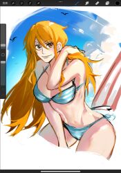  bikini bird blue_bikini closed_mouth cloud commentary cropped_legs female hair_between_eyes hand_in_own_hair highres long_hair looking_at_viewer mrjieshisu nami_(one_piece) one_piece orange_eyes orange_hair sky smile solo swimsuit 