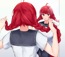  alternate_hairstyle azur_lane bad_id bad_twitter_id blue_sailor_collar blush braid commentary_request female honolulu_(azur_lane) honolulu_(umbrella_girl)_(azur_lane) irohara long_hair mirror official_alternate_costume parted_lips red_eyes red_hair reflection sailor_collar school_uniform serafuku shirt short_sleeves solo twin_braids twintails upper_body white_shirt 