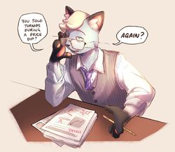  accountant animal_crossing blonde_hair clothing domestic_cat english_text eyewear felid feline felis fur glasses grey_body grey_fur hair hi_res humor male mammal necktie nintendo pen raymond_(animal_crossing) restraints solo stocks text thegearlic tired topwear vest 